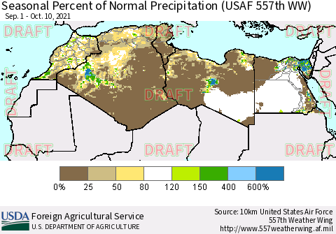 North Africa Seasonal Percent of Normal Precipitation (USAF 557th WW) Thematic Map For 9/1/2021 - 10/10/2021
