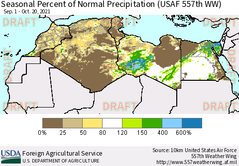 North Africa Seasonal Percent of Normal Precipitation (USAF 557th WW) Thematic Map For 9/1/2021 - 10/20/2021