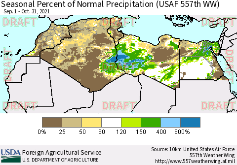 North Africa Seasonal Percent of Normal Precipitation (USAF 557th WW) Thematic Map For 9/1/2021 - 10/31/2021