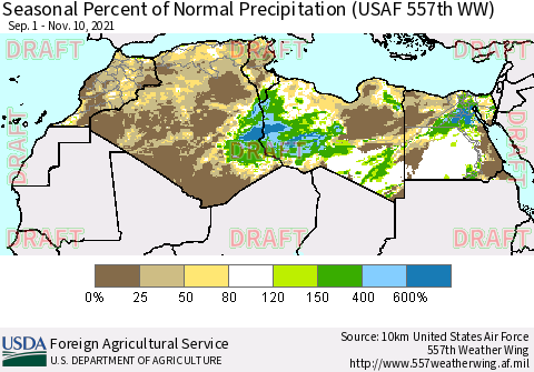 North Africa Seasonal Percent of Normal Precipitation (USAF 557th WW) Thematic Map For 9/1/2021 - 11/10/2021