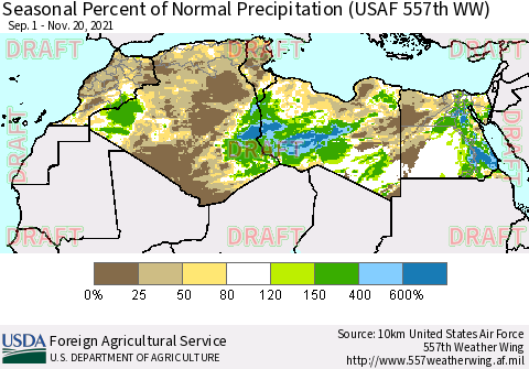 North Africa Seasonal Percent of Normal Precipitation (USAF 557th WW) Thematic Map For 9/1/2021 - 11/20/2021