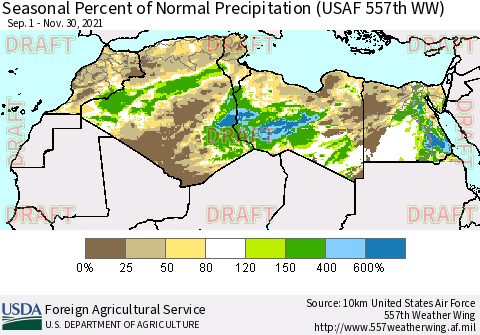 North Africa Seasonal Percent of Normal Precipitation (USAF 557th WW) Thematic Map For 9/1/2021 - 11/30/2021