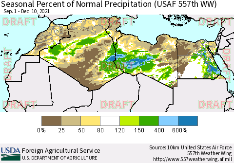 North Africa Seasonal Percent of Normal Precipitation (USAF 557th WW) Thematic Map For 9/1/2021 - 12/10/2021