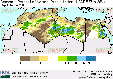 North Africa Seasonal Percent of Normal Precipitation (USAF 557th WW) Thematic Map For 9/1/2021 - 12/20/2021