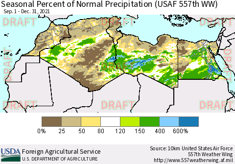 North Africa Seasonal Percent of Normal Precipitation (USAF 557th WW) Thematic Map For 9/1/2021 - 12/31/2021