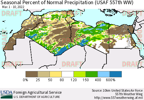 North Africa Seasonal Percent of Normal Precipitation (USAF 557th WW) Thematic Map For 3/1/2022 - 3/10/2022