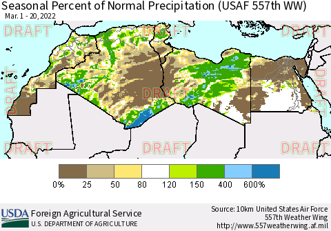 North Africa Seasonal Percent of Normal Precipitation (USAF 557th WW) Thematic Map For 3/1/2022 - 3/20/2022