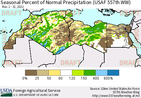 North Africa Seasonal Percent of Normal Precipitation (USAF 557th WW) Thematic Map For 3/1/2022 - 3/31/2022