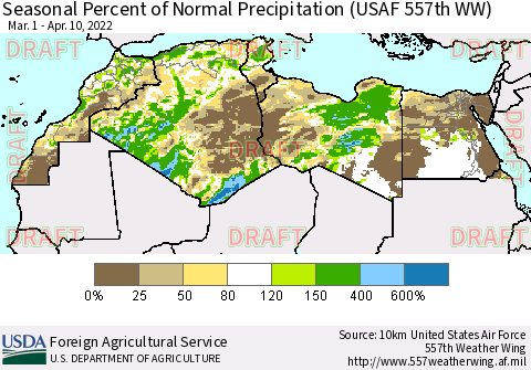 North Africa Seasonal Percent of Normal Precipitation (USAF 557th WW) Thematic Map For 3/1/2022 - 4/10/2022