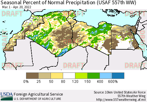 North Africa Seasonal Percent of Normal Precipitation (USAF 557th WW) Thematic Map For 3/1/2022 - 4/20/2022