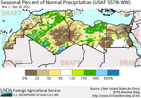 North Africa Seasonal Percent of Normal Precipitation (USAF 557th WW) Thematic Map For 3/1/2022 - 4/30/2022