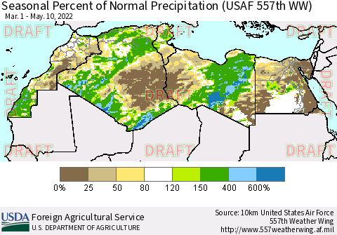 North Africa Seasonal Percent of Normal Precipitation (USAF 557th WW) Thematic Map For 3/1/2022 - 5/10/2022
