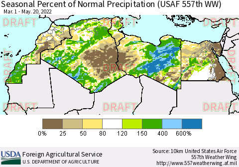North Africa Seasonal Percent of Normal Precipitation (USAF 557th WW) Thematic Map For 3/1/2022 - 5/20/2022