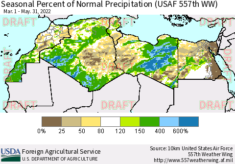 North Africa Seasonal Percent of Normal Precipitation (USAF 557th WW) Thematic Map For 3/1/2022 - 5/31/2022
