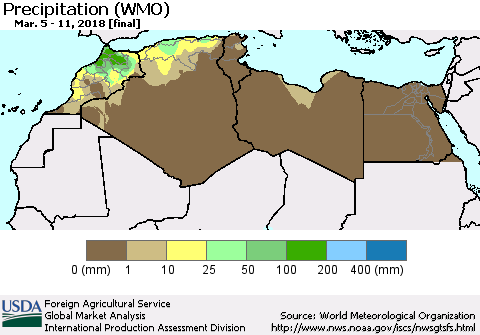 North Africa Precipitation (WMO) Thematic Map For 3/5/2018 - 3/11/2018