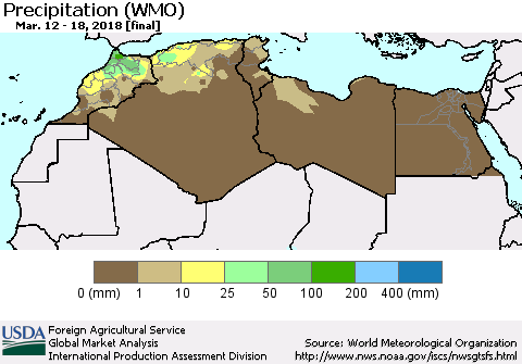 North Africa Precipitation (WMO) Thematic Map For 3/12/2018 - 3/18/2018