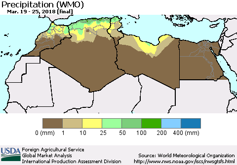 North Africa Precipitation (WMO) Thematic Map For 3/19/2018 - 3/25/2018