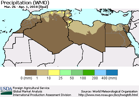North Africa Precipitation (WMO) Thematic Map For 3/26/2018 - 4/1/2018