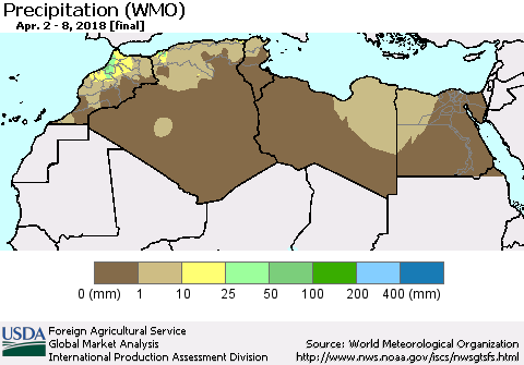 North Africa Precipitation (WMO) Thematic Map For 4/2/2018 - 4/8/2018