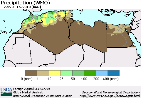 North Africa Precipitation (WMO) Thematic Map For 4/9/2018 - 4/15/2018