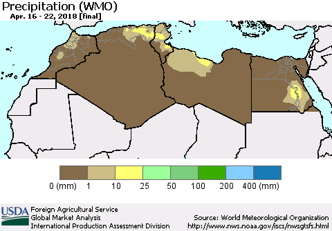 North Africa Precipitation (WMO) Thematic Map For 4/16/2018 - 4/22/2018
