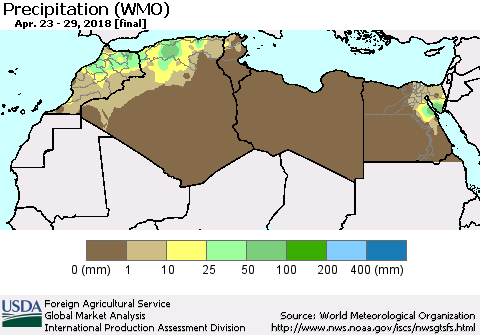 North Africa Precipitation (WMO) Thematic Map For 4/23/2018 - 4/29/2018
