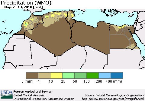 North Africa Precipitation (WMO) Thematic Map For 5/7/2018 - 5/13/2018
