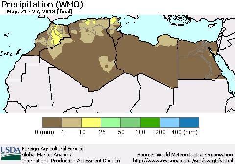 North Africa Precipitation (WMO) Thematic Map For 5/21/2018 - 5/27/2018