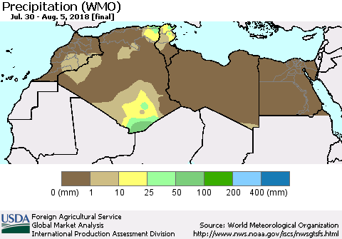 North Africa Precipitation (WMO) Thematic Map For 7/30/2018 - 8/5/2018
