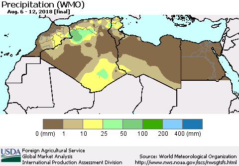 North Africa Precipitation (WMO) Thematic Map For 8/6/2018 - 8/12/2018