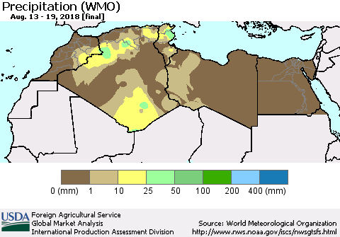 North Africa Precipitation (WMO) Thematic Map For 8/13/2018 - 8/19/2018