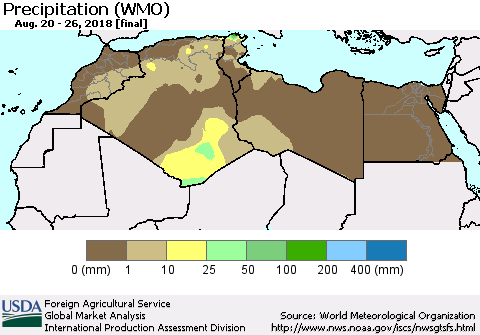 North Africa Precipitation (WMO) Thematic Map For 8/20/2018 - 8/26/2018