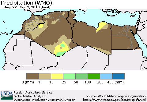 North Africa Precipitation (WMO) Thematic Map For 8/27/2018 - 9/2/2018