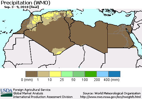 North Africa Precipitation (WMO) Thematic Map For 9/3/2018 - 9/9/2018