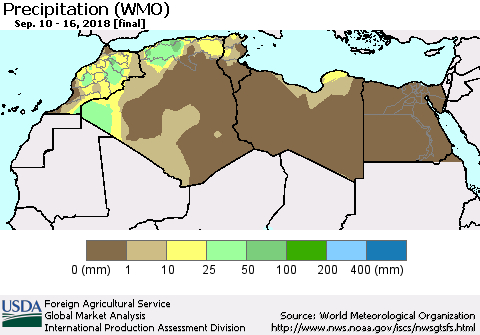 North Africa Precipitation (WMO) Thematic Map For 9/10/2018 - 9/16/2018
