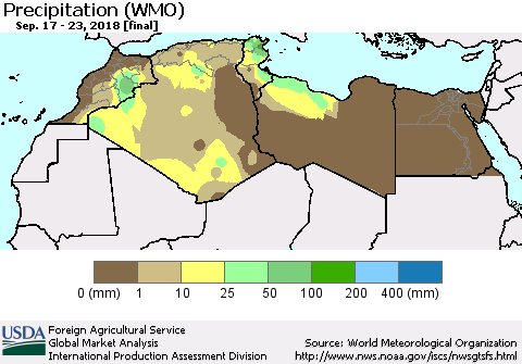 North Africa Precipitation (WMO) Thematic Map For 9/17/2018 - 9/23/2018