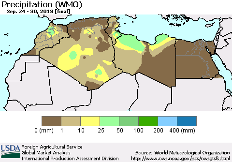 North Africa Precipitation (WMO) Thematic Map For 9/24/2018 - 9/30/2018