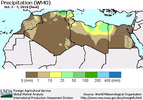 North Africa Precipitation (WMO) Thematic Map For 10/1/2018 - 10/7/2018