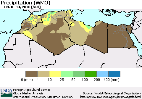 North Africa Precipitation (WMO) Thematic Map For 10/8/2018 - 10/14/2018