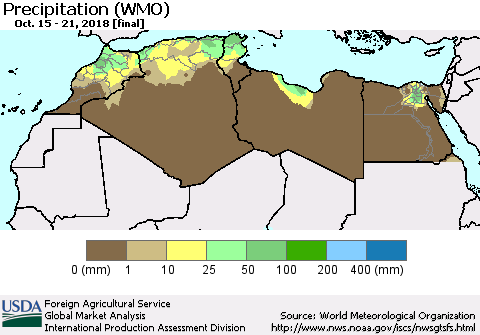 North Africa Precipitation (WMO) Thematic Map For 10/15/2018 - 10/21/2018