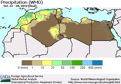 North Africa Precipitation (WMO) Thematic Map For 10/22/2018 - 10/28/2018