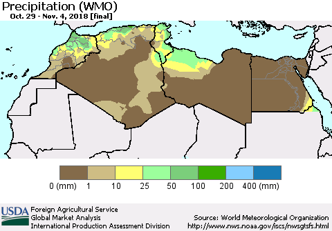 North Africa Precipitation (WMO) Thematic Map For 10/29/2018 - 11/4/2018