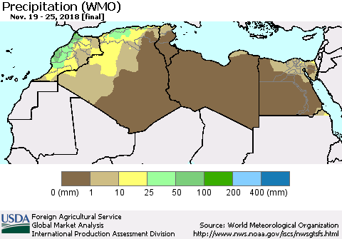 North Africa Precipitation (WMO) Thematic Map For 11/19/2018 - 11/25/2018