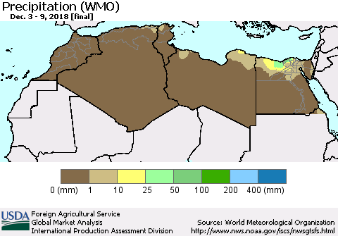 North Africa Precipitation (WMO) Thematic Map For 12/3/2018 - 12/9/2018