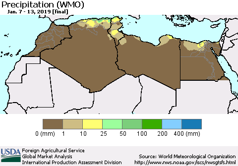 North Africa Precipitation (WMO) Thematic Map For 1/7/2019 - 1/13/2019