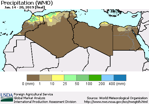 North Africa Precipitation (WMO) Thematic Map For 1/14/2019 - 1/20/2019