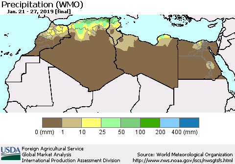 North Africa Precipitation (WMO) Thematic Map For 1/21/2019 - 1/27/2019