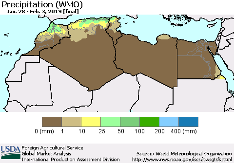 North Africa Precipitation (WMO) Thematic Map For 1/28/2019 - 2/3/2019