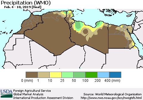 North Africa Precipitation (WMO) Thematic Map For 2/4/2019 - 2/10/2019