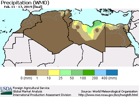 North Africa Precipitation (WMO) Thematic Map For 2/11/2019 - 2/17/2019